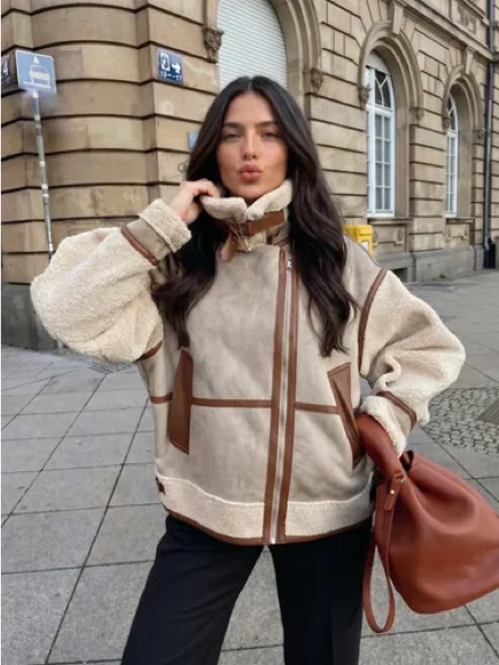 Zara Teddy Shearling Zip-Up Jacket with Brown Trim